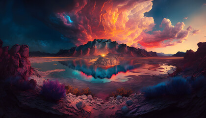 Fototapeta na wymiar Colorful sunrise landscape with mountains. Generative AI
