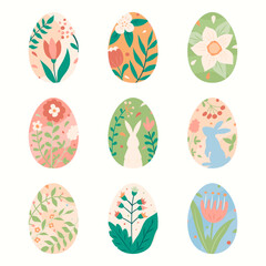 Set of eggs with hand drawn Easter decorations in pastel colors. Minimalist style design with eggs, rabbits, flowers and plants