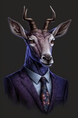 A funny deer dressed in a business suit is isolated on a plain background. Generative AI