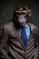 Fototapeta premium A funny monkey dressed in a business suit isolated on a plain background. Generative AI