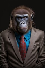 A funny monkey dressed in a business suit isolated on a plain background. Generative AI