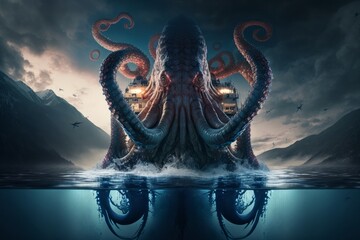 A giant octopus emerging from the water and wrapping its tentacles around a ship. Generative AI - obrazy, fototapety, plakaty