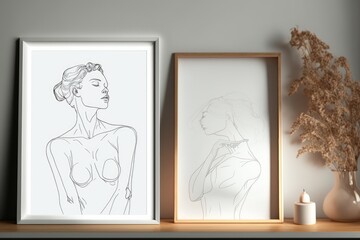 Frame mockup with minimal aesthetic woman line art graphic.  Generative AI