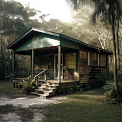 Vintage cabin from Miami Florida, in the woods,  Generative AI