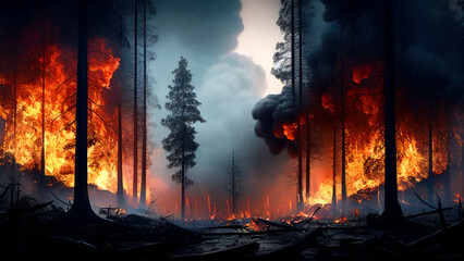 Forest on fire with thick black smoke and ashes covering the sky. Generative AI