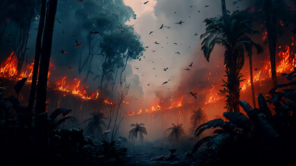 Tropical Amazon forest on fire with thick black smoke and ashes covering the sky. Burning rainforest. Generative AI