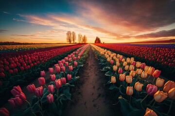 Fototapeta premium An image of a tulip field at golden hour just before sunset. Generative AI