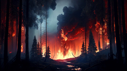 Forest on fire with thick black smoke and ashes covering the sky. Generative AI