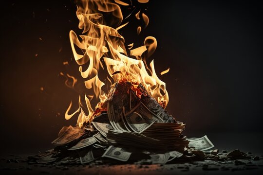 Image of a pile of money on fire: Symbolic of the devaluation of currency due to inflation.  Generative AI
