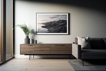 Picture frame mockup hanging in modern living room home decor interior. Generative AI