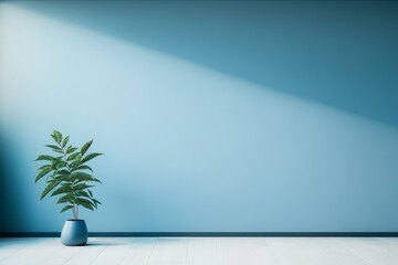 Plant against a blue wall background with copy space. Generative AI