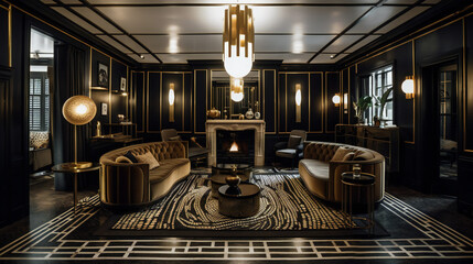Modern luxurious lounge loft metal hotel gold black and white colors, glamourous and warm mood in luxure during the day - Generative AI