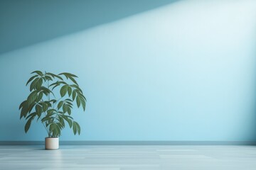 Plant against a blue wall background with copy space. Generative AI