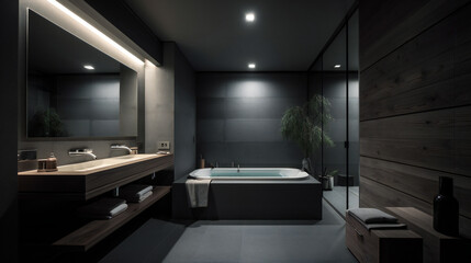 Fototapeta na wymiar Minimalist modern luxurious bathroom in a big city, urban environment indoor, late night in Tokyo - Generative AI