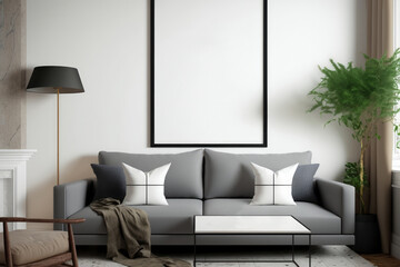 Poster frame in living room mockup. Generative AI