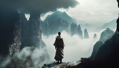 monk person on the top of a mountain created with generative ai