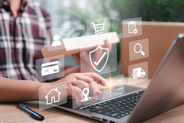 Customers rating the satisfaction of shopping online and delivery concept, Man holding a parcel box and pointing on checkbox and smile icon and give rate the satisfaction of service on virtual screen