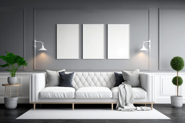 White sofa in gray living room with frames mockup. Generative AI