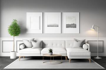 White sofa in gray living room with frames mockup. Generative AI
