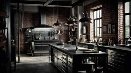 Luxury loft kitchen with ambient and cool lighting in London, in the afternoon, edgy and urban mood - generative AI