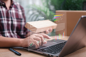 Delivery tracking and Information parcel history concept, The staff is checking customer information Evaluate the results of the development of cargo transportation and conduct surveys for development