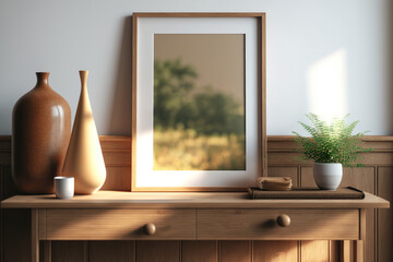 Wooden picture frame mockup on a wooden sideboard table. Generative AI