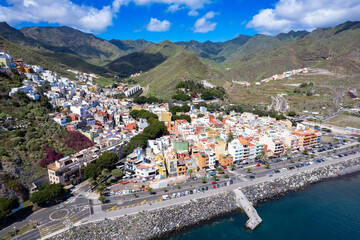 Aerial view above Playa de Las Teresitas at sunrise - in San Andres Tenerife Canary Island Spain	