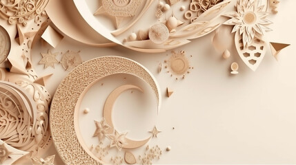 3d beige moon with Islamic patterns, space for text, and smooth beige background, Eid iftar design - generative ai