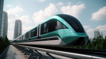 Fototapeta na wymiar Illustration of a modern and futuristic tram / monorail - Created with generative ai 