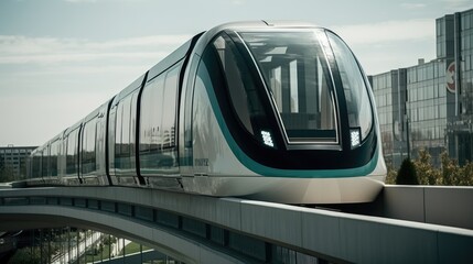 Naklejka na ściany i meble Illustration of a modern and futuristic tram / monorail - Created with generative ai 