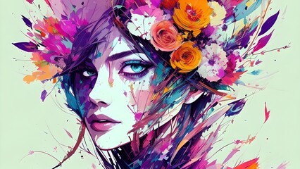 Fototapeta premium A colorful portrait of a beautiful woman, generative AI