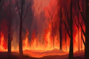 Vlies Fototapete Rot  violett Wildfire, forest burning, 4k digital painting. Illustration of trees that burn. Wild flames raging trough the environment. Background, wallpaper. Generative AI