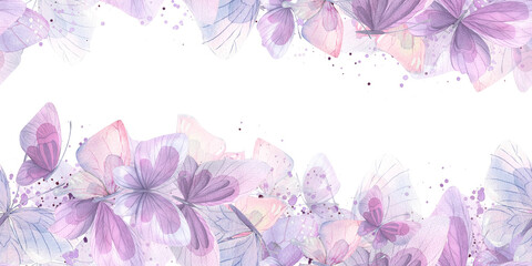Pink, lilac and blue butterflies, gentle, airy, flying. Watercolor illustration. Seamless border on a white background. For decoration and design of posters, wallpapers, postcards, fabrics, textiles.
