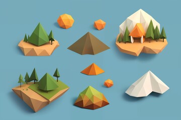 A collection of low poly design elements with trees and rocks