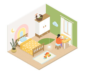 Childrens room for girl - vector colorful isometric illustration