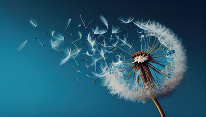 flying dandelion seeds on a blue background with Generative AI Technology