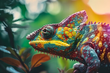 Fototapeta premium Colorful chameleon in rainforest - Generative AI