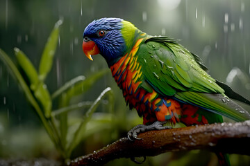 Obraz premium Lorikeet in rainforest at a rainy day - Generative AI