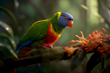 Lorikeet in rainforest at a rainy day - Generative AI