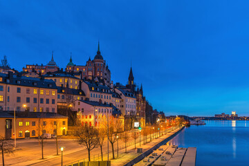 Stockholm Sweden, night city skyline at Slussen