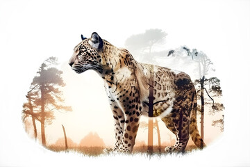 Double exposure of jaguar and forest - Generative AI