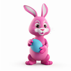  happy pink easter bunny holding a blue easter egg