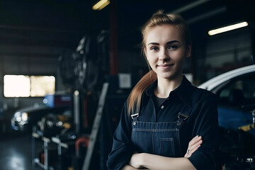 Portrait of a female mechanic working in a repair garage. Generative ai