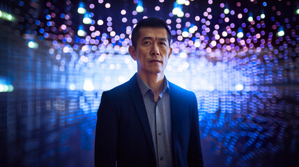 Fototapeta premium Oriental, chinese businessman, engineer, developer in front of complex glowing network, AI generative
