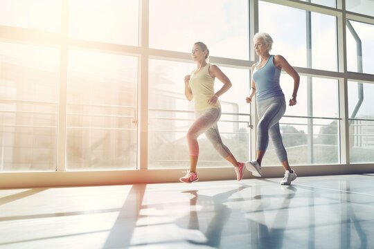 Middle-aged women, two friends during gym workout, maintaining healthy lifestyle, AI generative