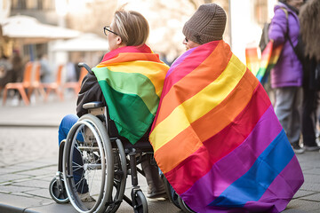 Handicapped people with rainbow flag and scarf participate in LGBTQ+ pride event, AI generative - obrazy, fototapety, plakaty
