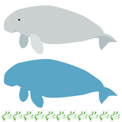 Cartoon-style dugong and dugong silhouette and eelgrass bed border decoration set