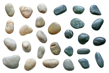 Fototapeta na wymiar 複数の自然石の小石。平置きの俯瞰撮影。透過背景。