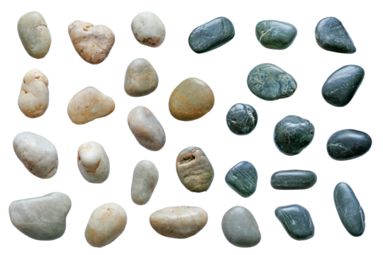 複数の自然石の小石。平置きの俯瞰撮影。透過背景。