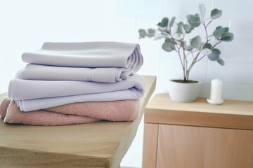 Stylish bathroom with towels, plants and zero waste beauty products. low impact lifestyle, AI generative